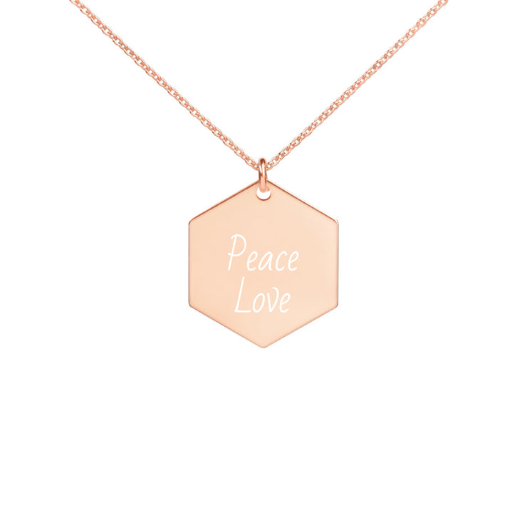 Peace-Love Engraved Silver Hexagon Necklace