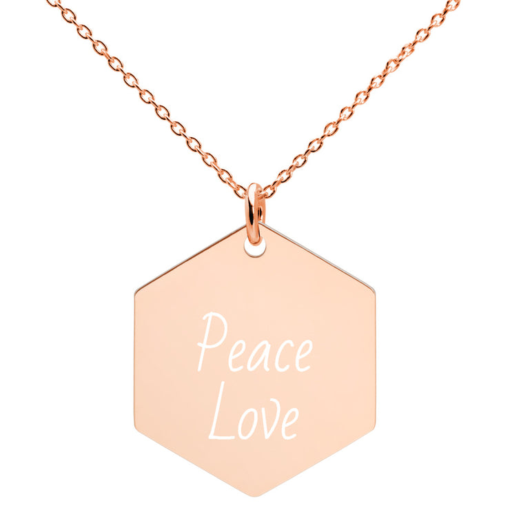 Peace-Love Engraved Silver Hexagon Necklace