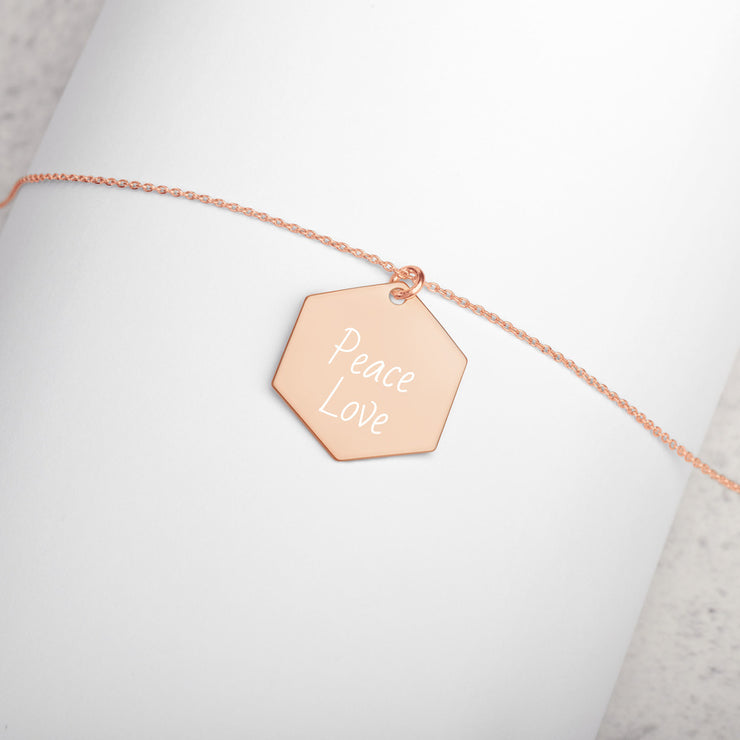 Peace-Love Engraved Silver Hexagon Necklace