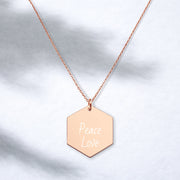 Peace-Love Engraved Silver Hexagon Necklace