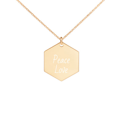 Peace-Love Engraved Silver Hexagon Necklace