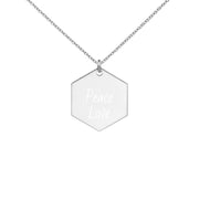 Peace-Love Engraved Silver Hexagon Necklace