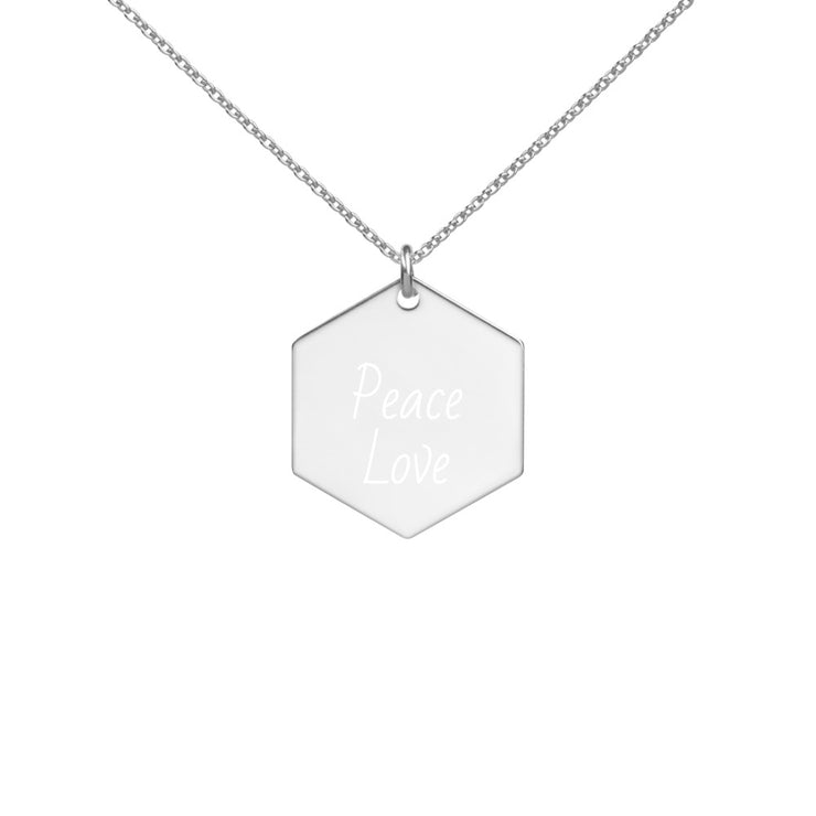 Peace-Love Engraved Silver Hexagon Necklace